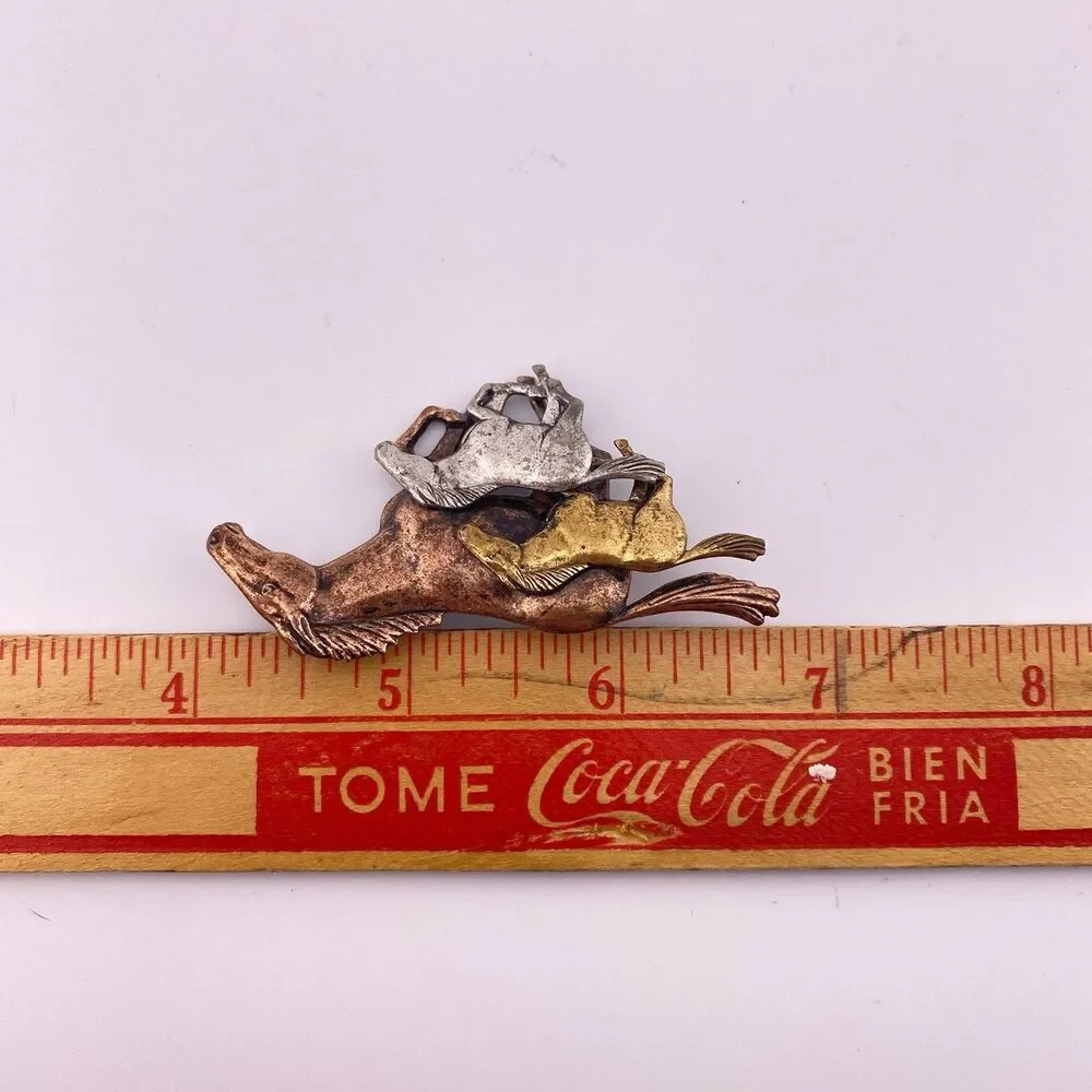 Horses Galloping Vintage Tri-Metal Brooch Pin